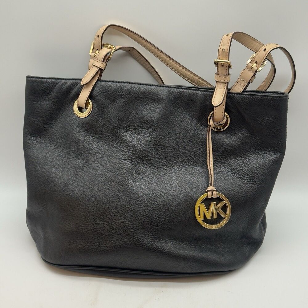 Michael Kors MK Black Leather Purse Handbag Tote Shoulder Bag